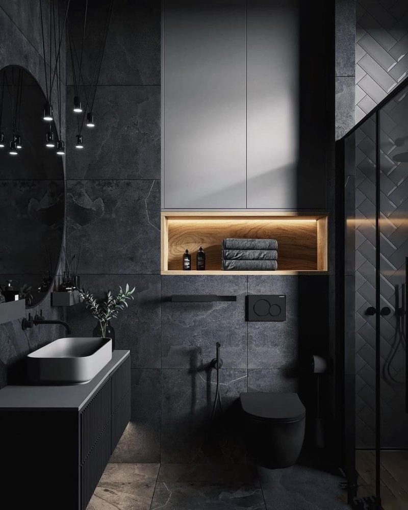 Cuarto de baño con regadera y lavabo. Diseño minimalista.