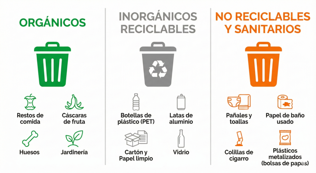 Infografía mostrando los 3 tipos de residuos con sus colores oficiales.