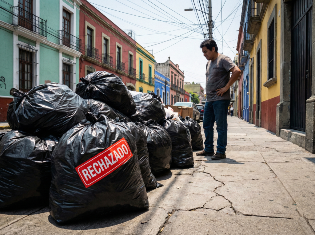Persona con gesto de frustración mirando una pila de bolsas de basura con una etiqueta de "rechazado" en la acera de una calle de la CDMX
